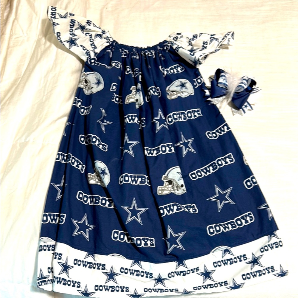 Blue Cowboys Themed Dress with Matching Bow
Custom made ! Worn one time